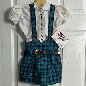 Vintage French Toast Kids Plaid Suspender Skirt Set - Blue and White New 3T